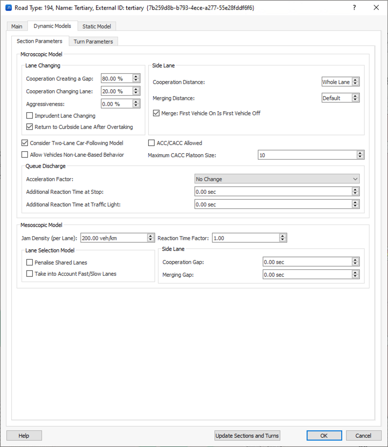 Editor de Road Type – aba Dynamic Models – Section parameters
