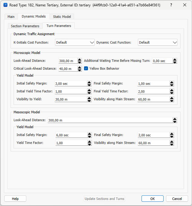 Editor de Road Type – pasta Dynamic Models – Turn Parameters
