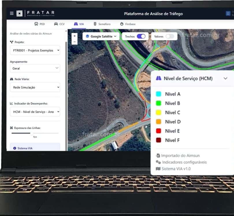 Exemplo da interface VIA com seleção de projeto e rede, mapa viário e legenda de nível de serviço