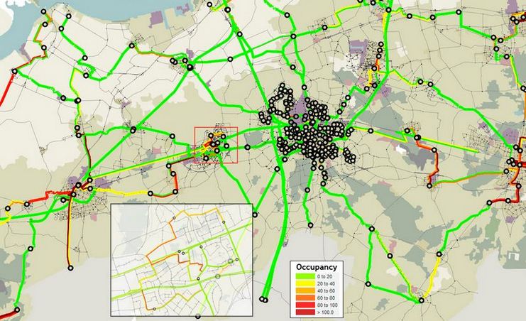 Mapa técnico com representação de linhas e carregamentos em uma rede de transporte