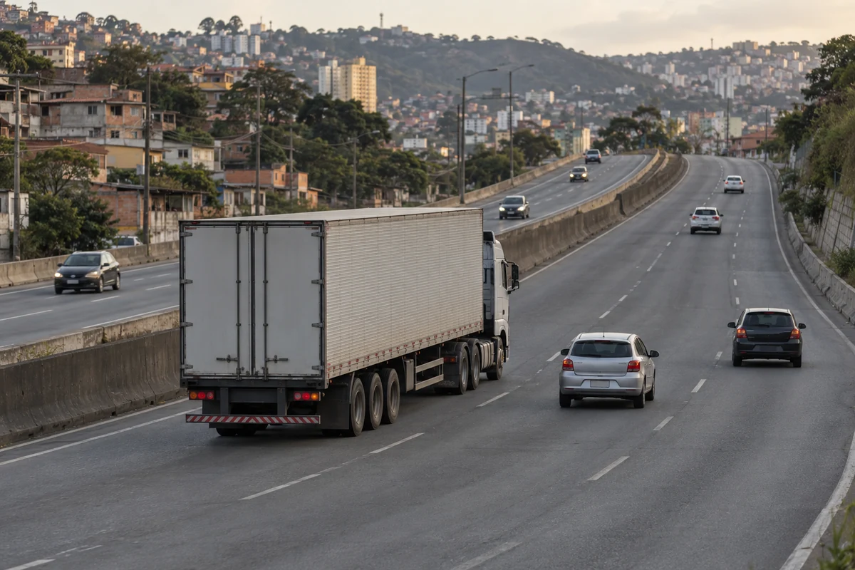 Caminhão e automóveis sobem rodovia urbana dividida e ondulada, cercada por bairros ocupados em colinas.