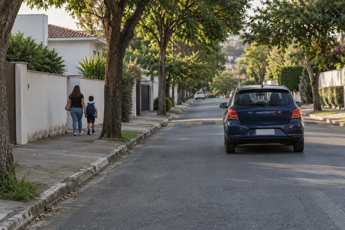 Rua residencial arborizada com um automóvel e mãe e criança caminhando na calçada.
