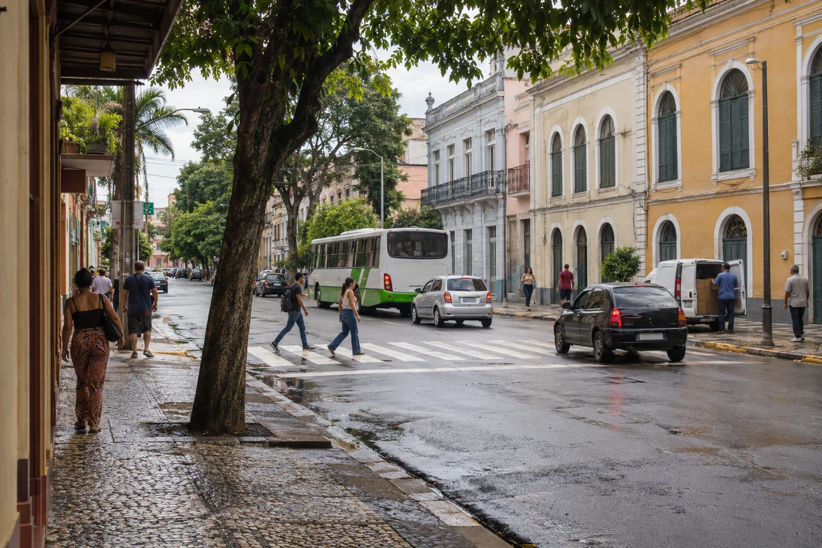 Ônibus e carros circulam por rua de fachadas históricas e árvores tropicais, com pedestres na travessia e entrega junto à calçada.