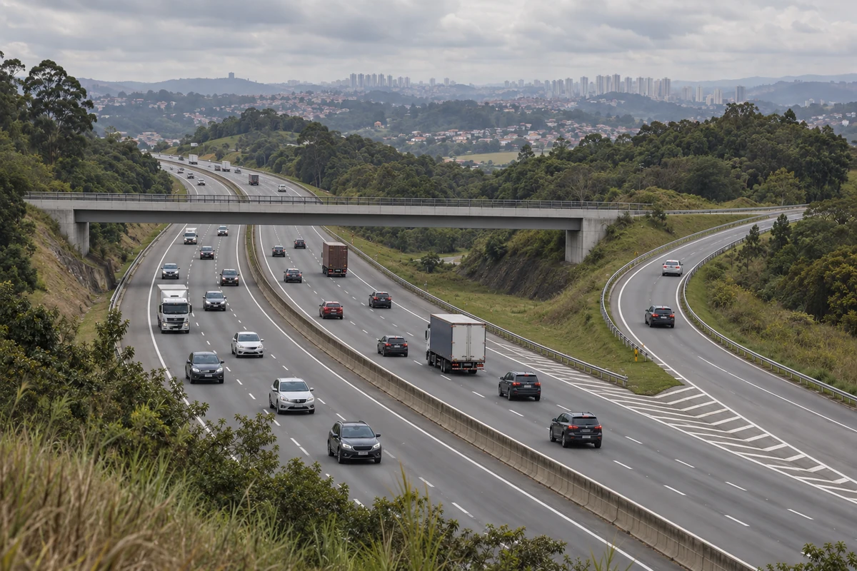 Rodovia metropolitana dividida com múltiplas faixas, carros e caminhões, viaduto e rampa de saída entre colinas.
