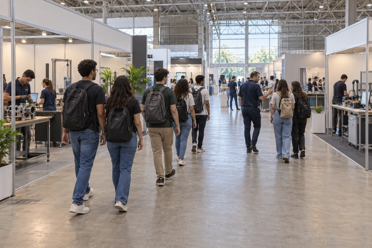 Grupos de alunos com mochilas percorrem corredor entre estandes de demonstrações técnicas em pavilhão de exposição.