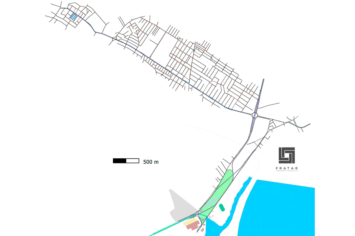 Rede viária modelada da Avenida Presidente Kennedy, com corredor diagonal, escala e marca Fratar.