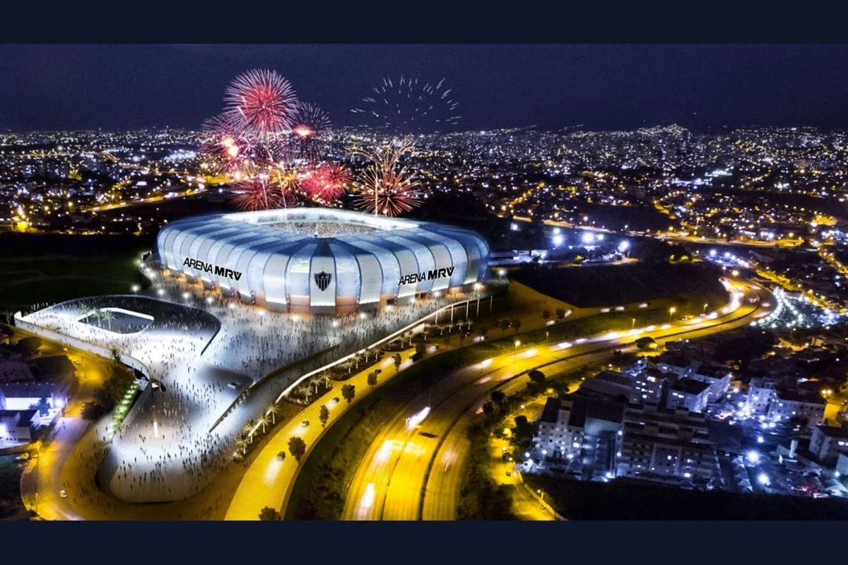 Imagem de referência noturna da Arena MRV e das áreas de circulação do entorno.