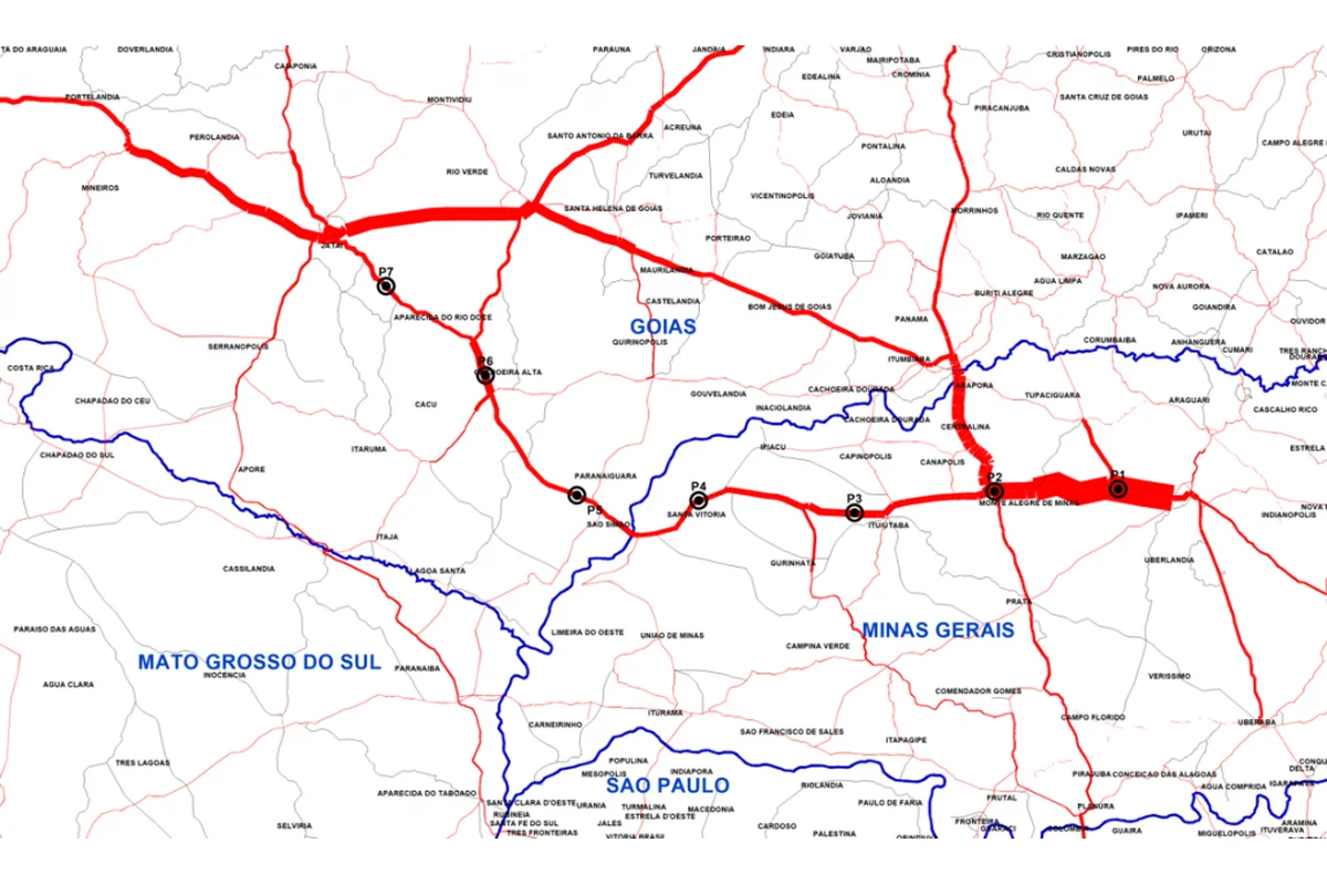 Mapa de estudo da BR-364 com corredores e pontos de pesquisa em Goiás e Minas Gerais.