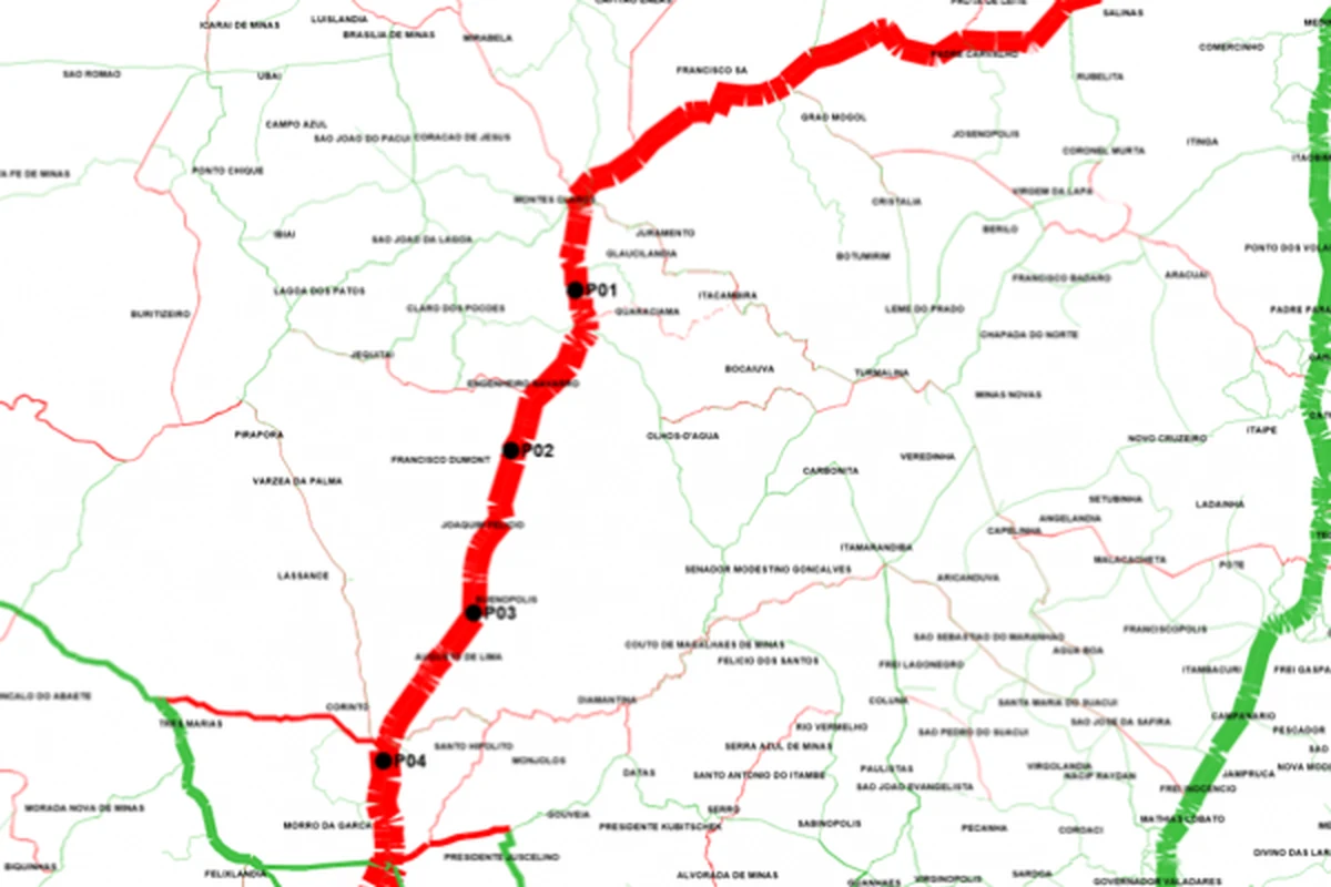 Recorte do mapa de demanda com corredores em vermelho e verde e pontos de pesquisa.