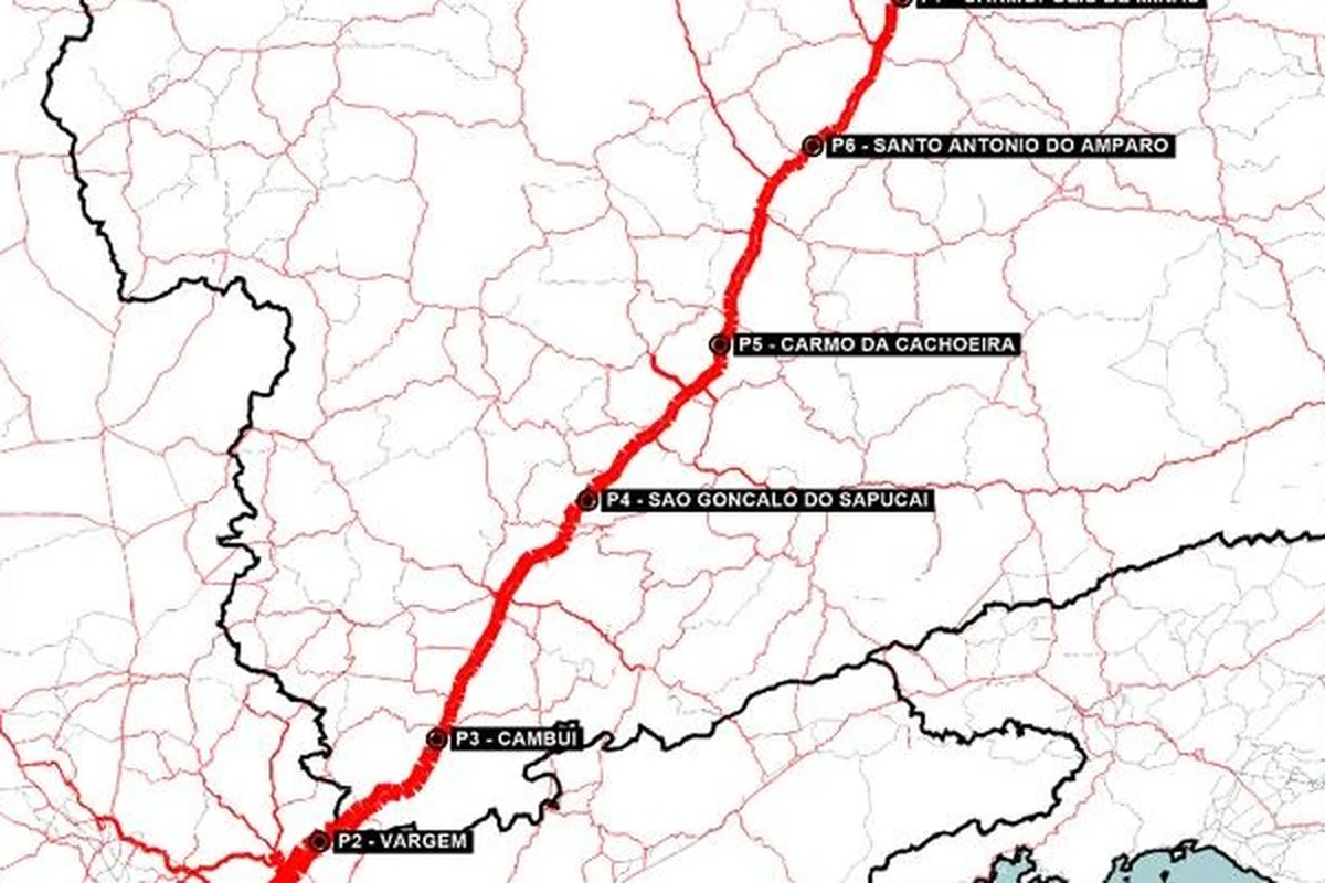 Mapa técnico com corredor destacado em vermelho e pontos nomeados entre Vargem e Santo Antônio do Amparo.
