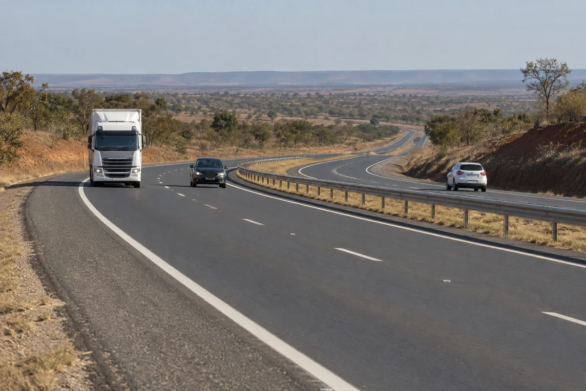 Rodovia duplicada com pistas separadas e tráfego esparso em paisagem aberta de cerrado.