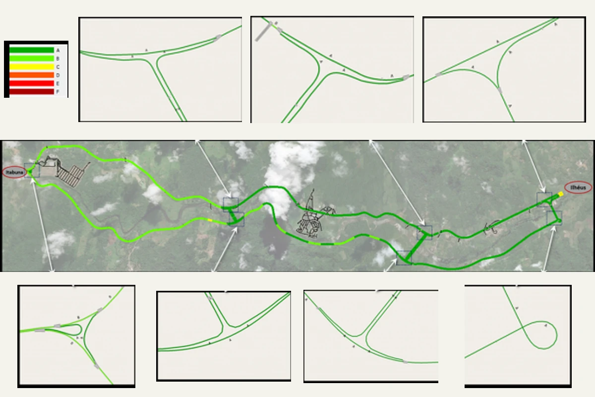 Mapa do corredor Itabuna–Ilhéus com esquemas viários da análise de capacidade.