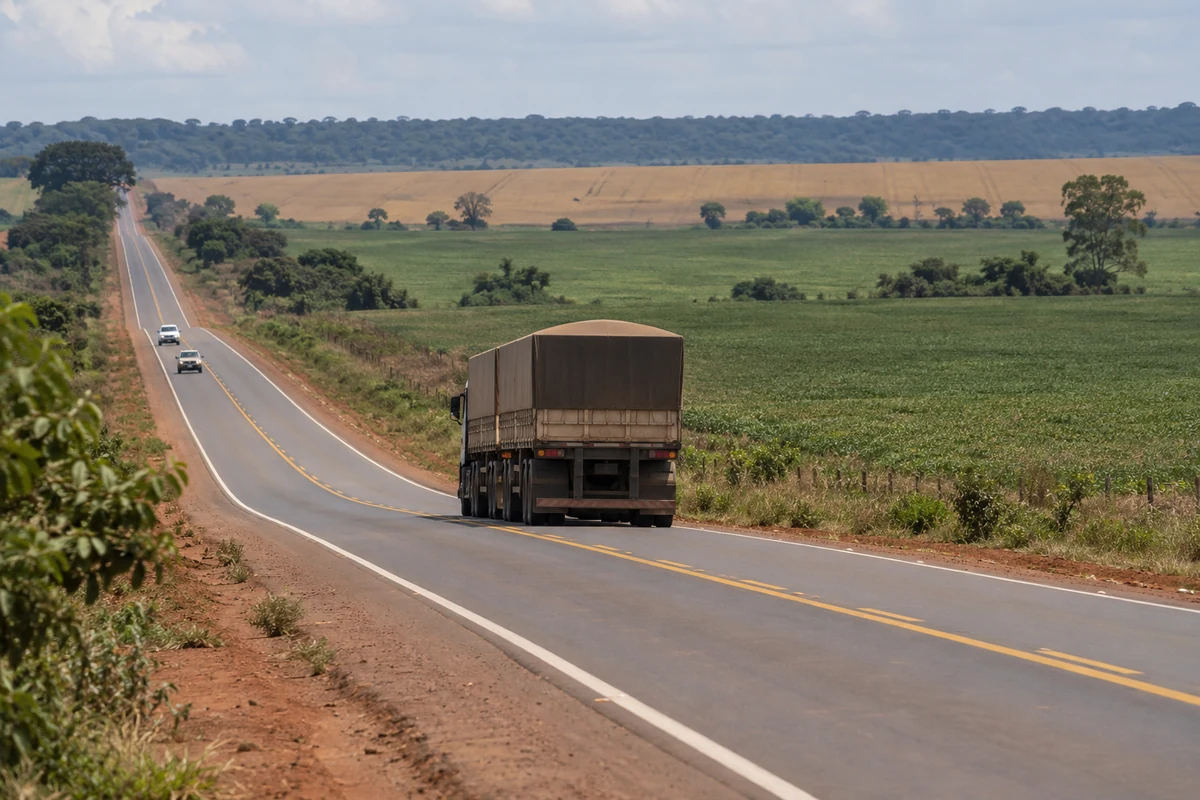 Caminhão graneleiro em rodovia de pista simples entre plantações e vegetação rural.