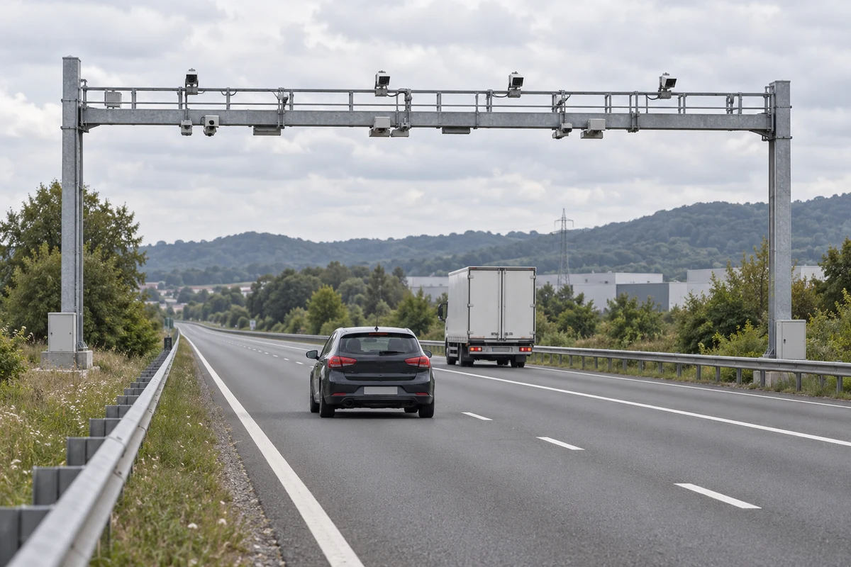 Pórtico eletrônico de pedágio free-flow sobre rodovia com carro e caminhão em circulação.