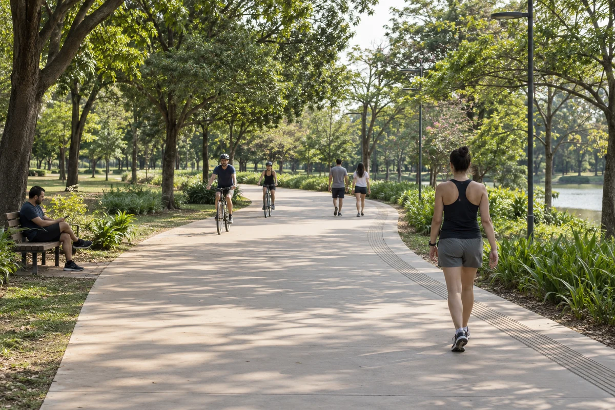 Pessoas caminhando e ciclistas em caminho largo de um parque arborizado.