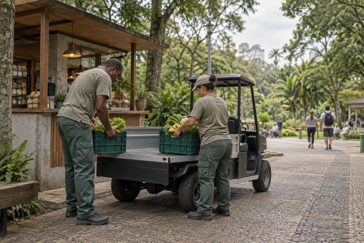 Carrinho de carga e trabalhadores no abastecimento de um quiosque em parque urbano.