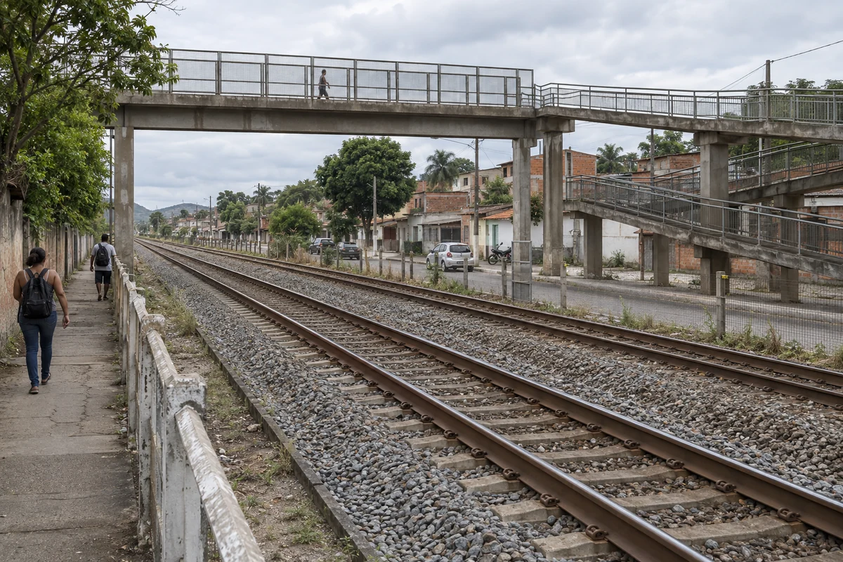Trilhos ferroviários junto a passarela de concreto e ocupação urbana de baixa altura.