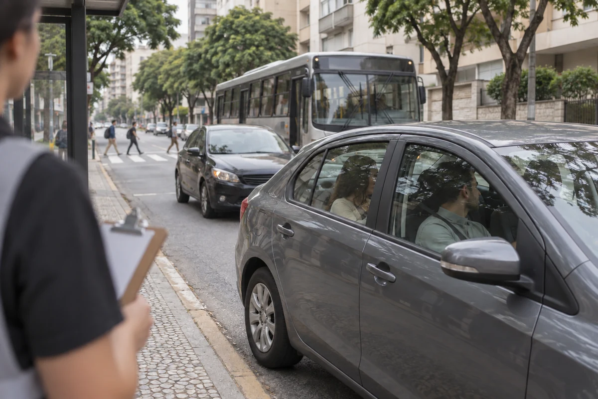Dois ocupantes vistos pela janela de automóvel em rua urbana, com ônibus e pesquisador ao fundo.