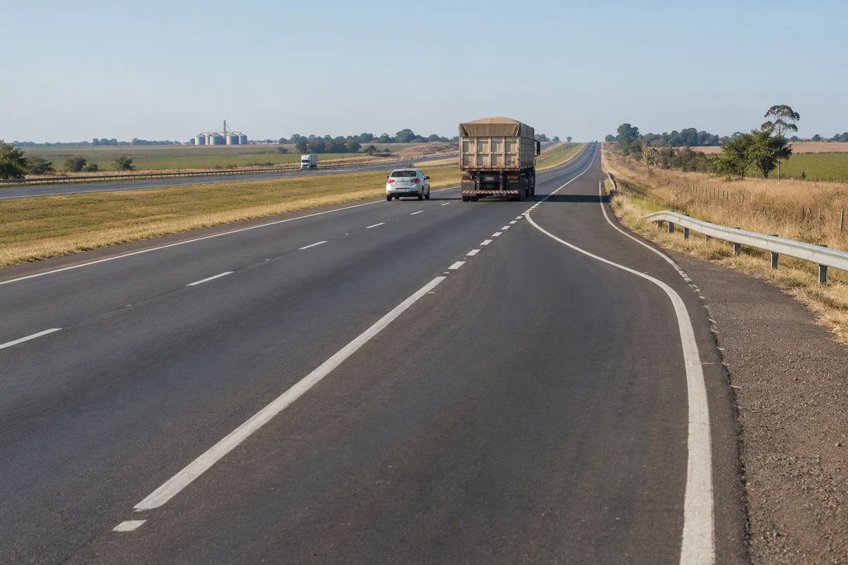 Caminhão em faixa de aceleração junto a rodovia rural, com canteiro central e automóveis ao longe.