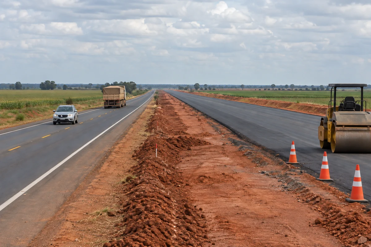 Rodovia em operação ao lado de nova pista fechada, com cones, rolo compactador e canteiro de terra.
