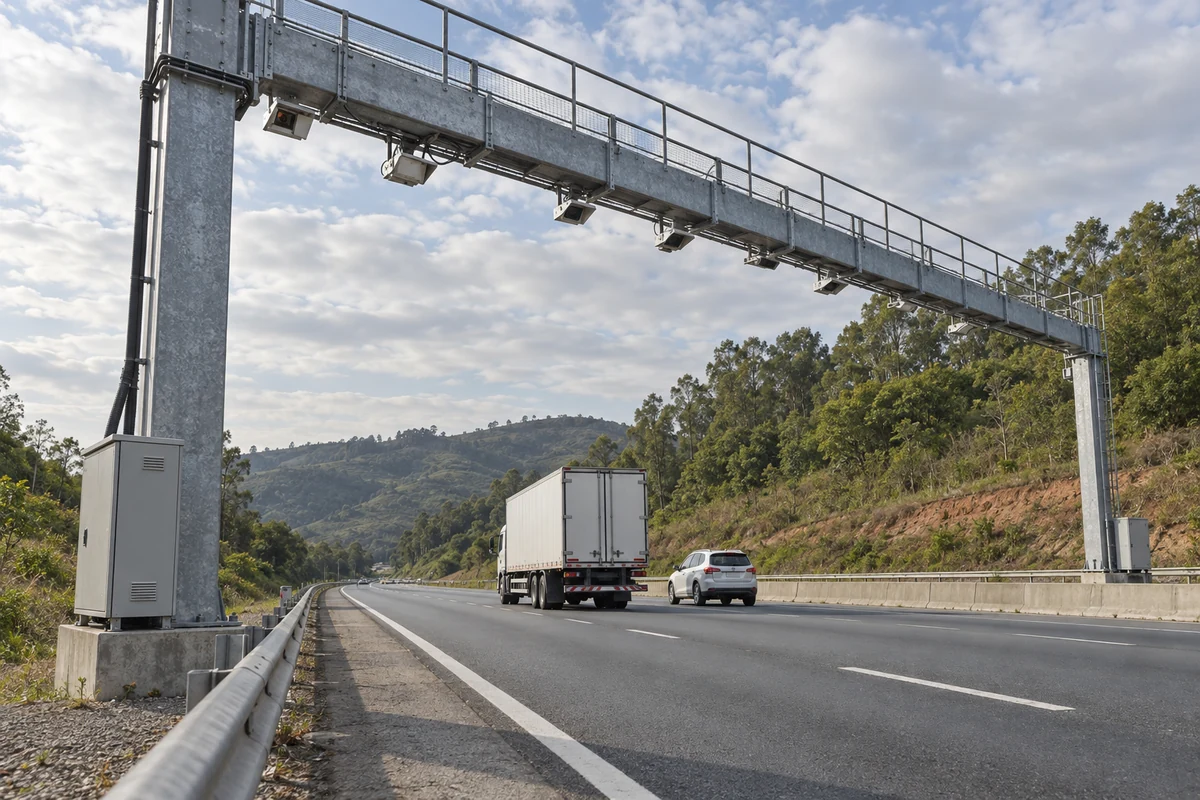 Pórtico com sensores e câmeras sobre rodovia de fluxo livre, sem cabines nem barreiras.