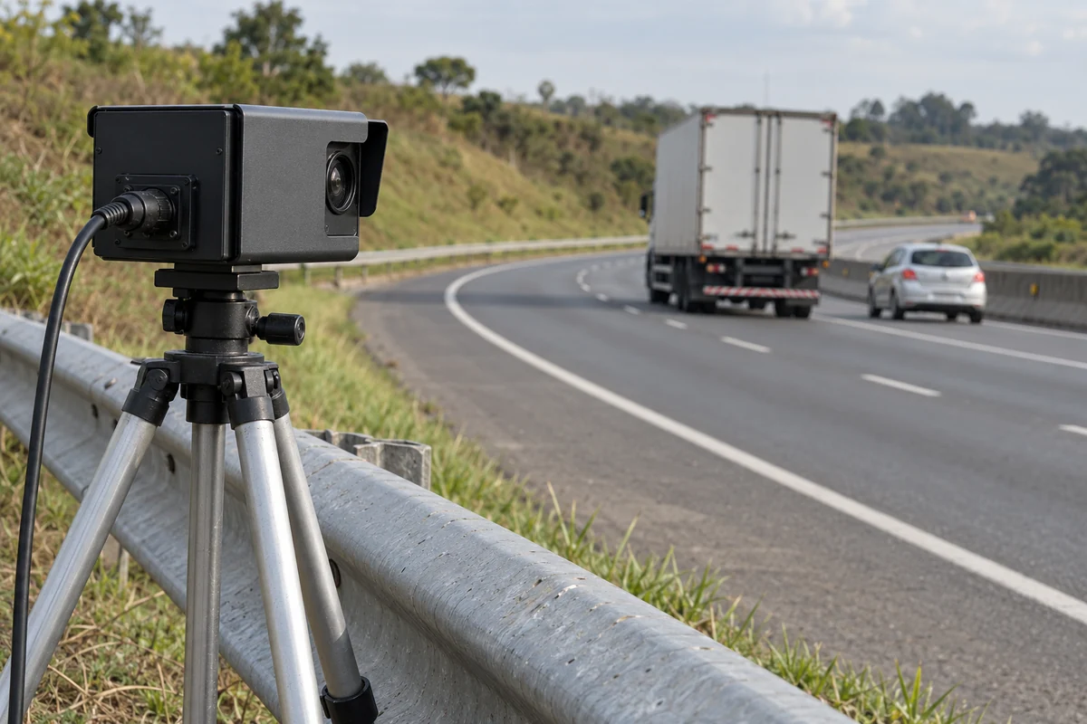 Câmera de contagem em tripé atrás de guardrail, observando caminhão e automóvel em rodovia.