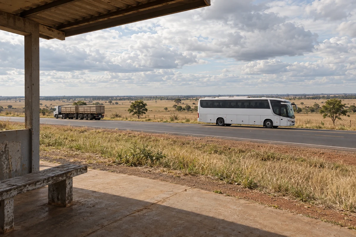 Ônibus rodoviário e caminhão em corredor rural plano, vistos de um abrigo simples à margem da estrada.
