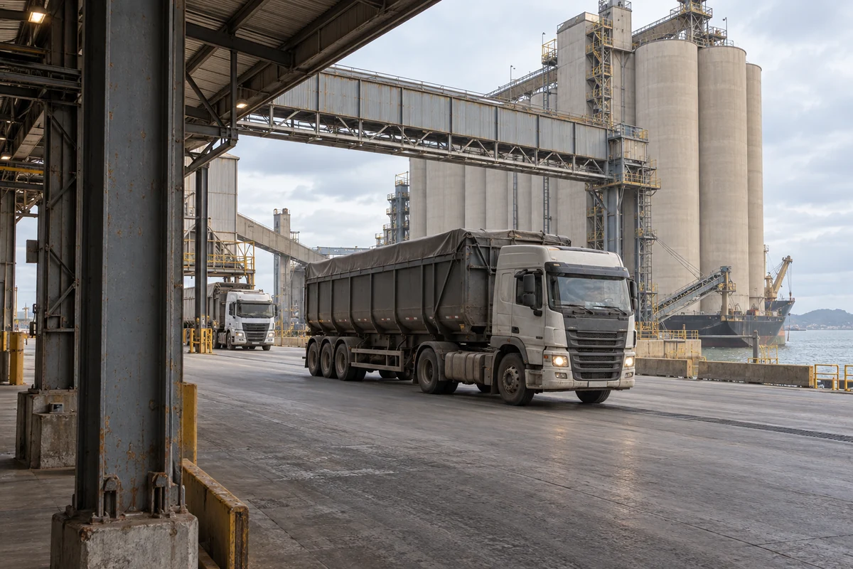 Caminhão graneleiro em corredor interno de terminal, sob estrutura de transferência e próximo de silos.