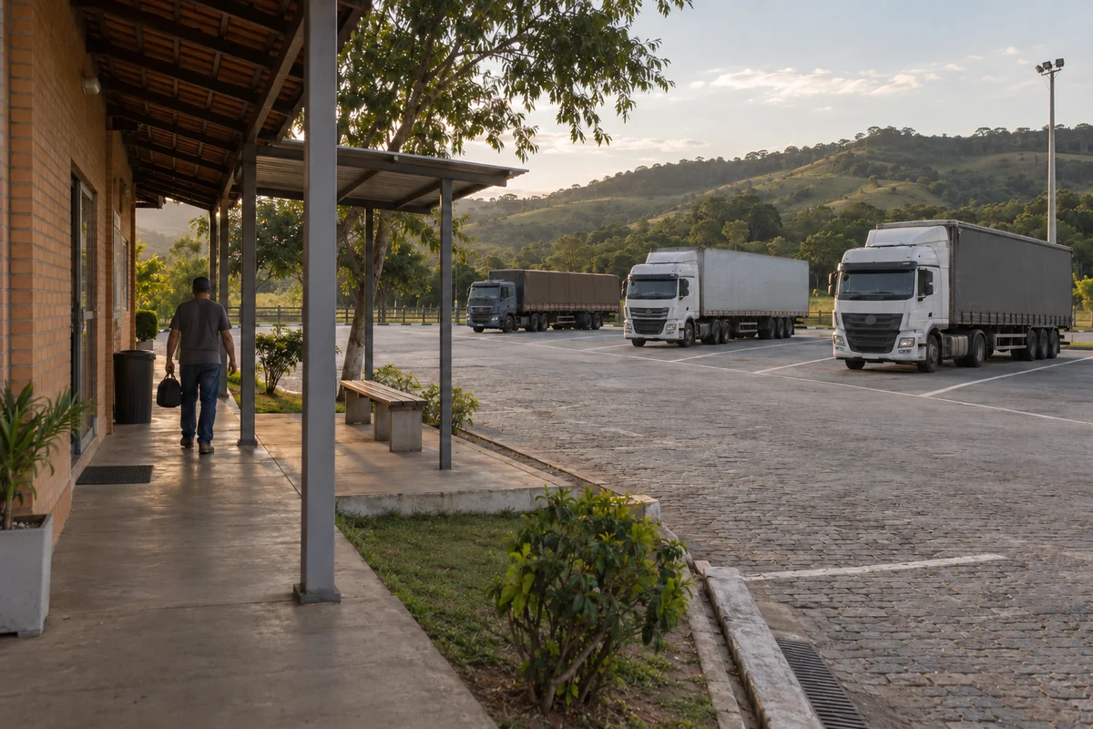 Motorista caminhando junto a abrigo e prédio de apoio, diante de caminhões estacionados em área de descanso.