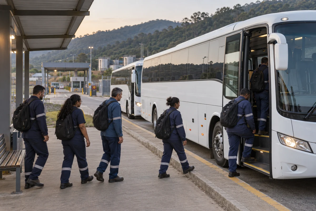 Colaboradores embarcando em ônibus fretados junto a abrigo simples de uma área industrial.