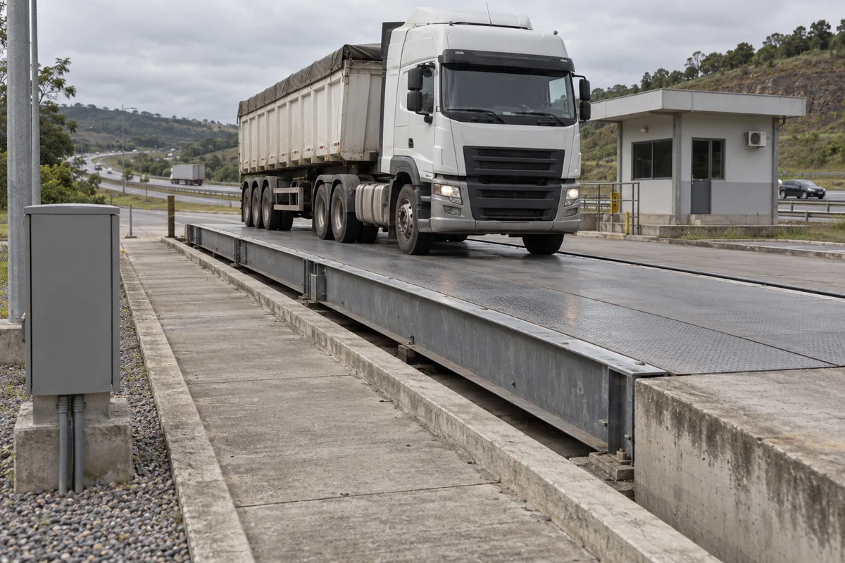 Caminhão alinhado em balança rodoviária junto a cabine de inspeção, com plataforma metálica visível.