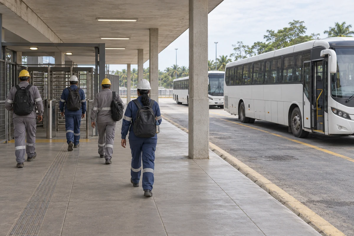 Ônibus fretados junto a plataforma coberta, com trabalhadores caminhando para controle de entrada.