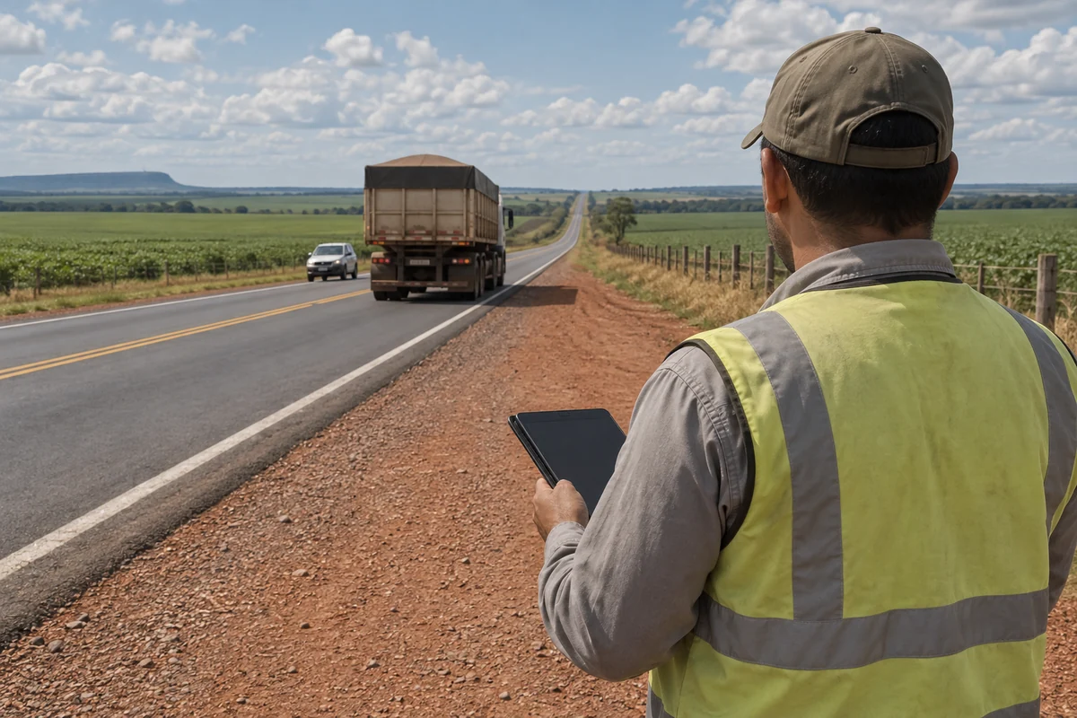 Pesquisador com dispositivo de coleta à margem de rodovia rural, observando um caminhão e um automóvel.
