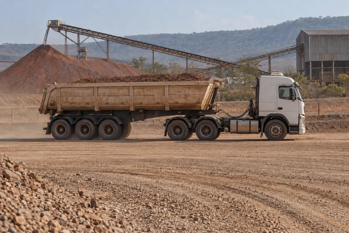 Caminhão semirreboque em via de serviço de mineração, com pilhas de material e correia ao fundo.
