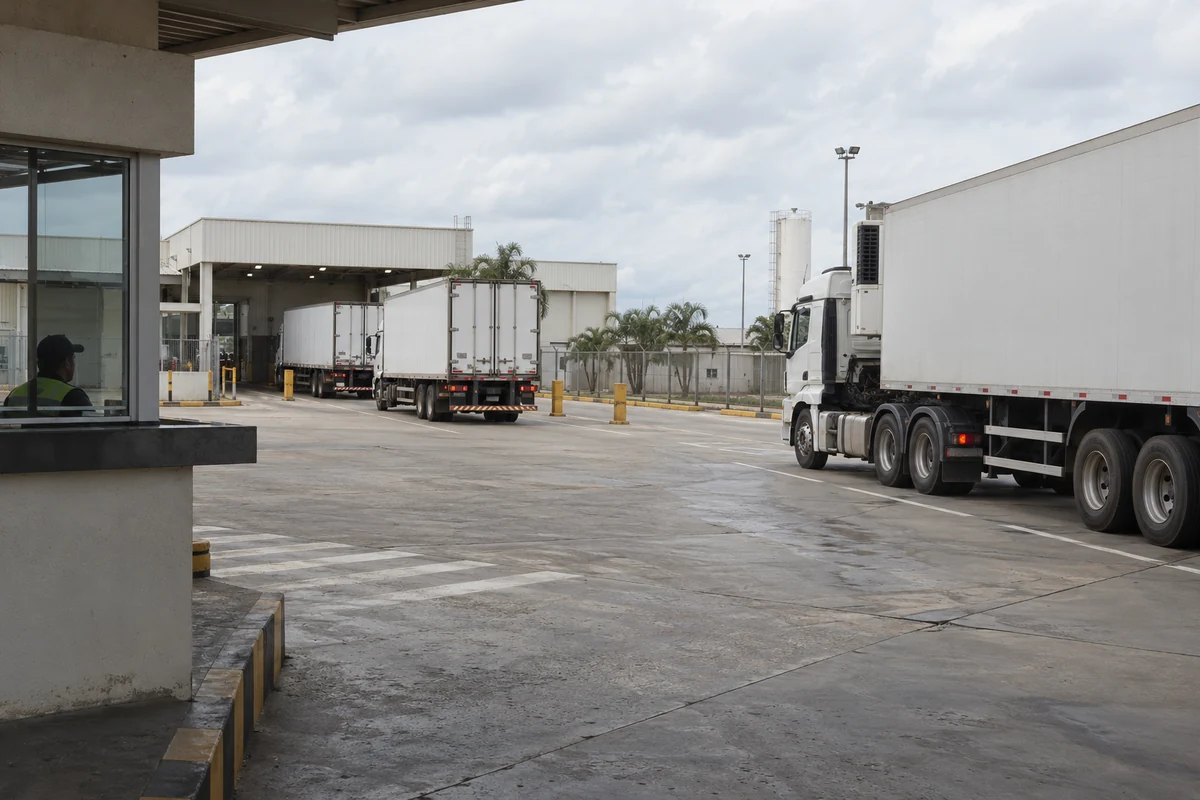 Pátio industrial com caminhões refrigerados organizados diante de um acesso controlado.