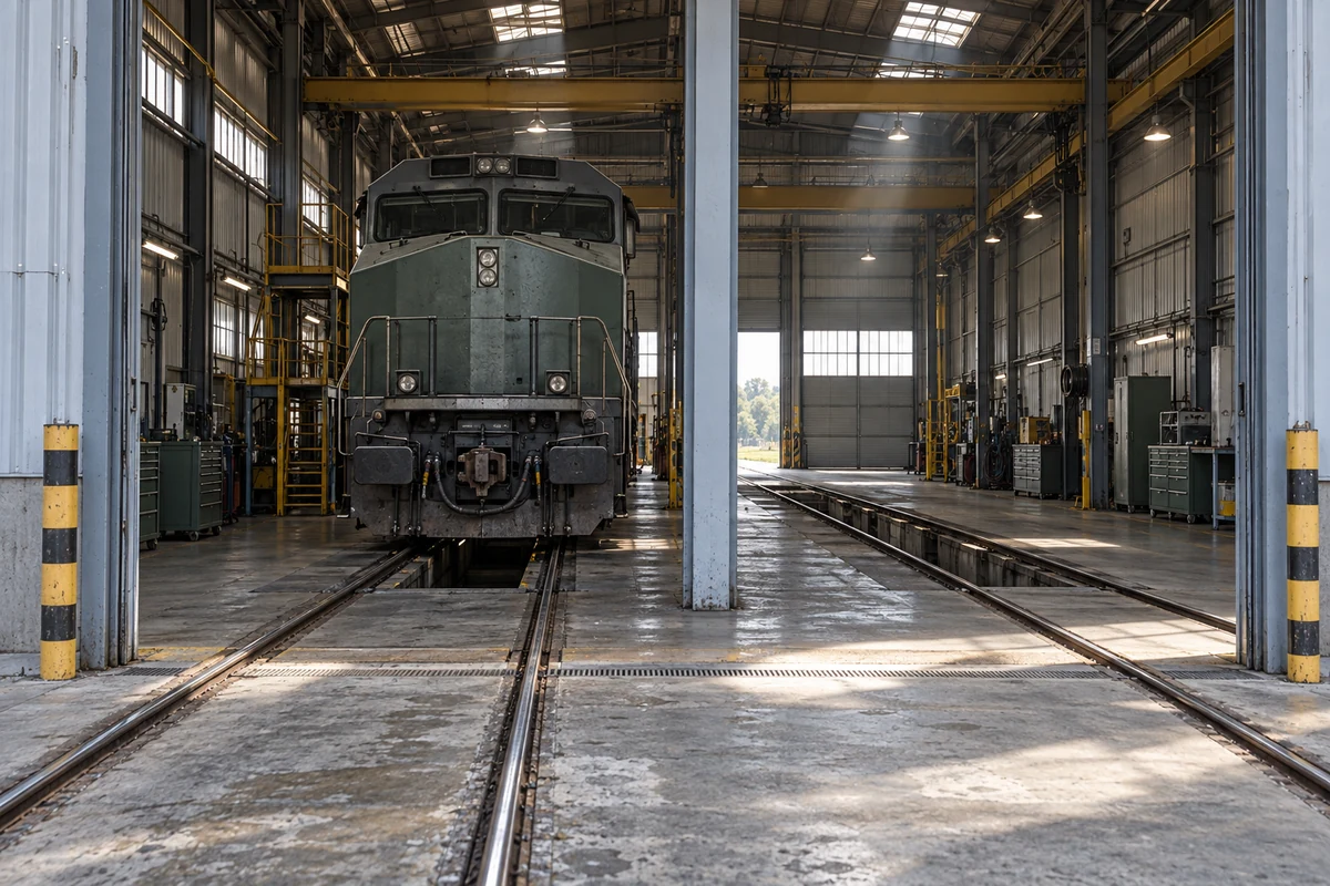 Locomotiva em trilhos com fosso de manutenção dentro de oficina ferroviária de duas baias, em ilustração.