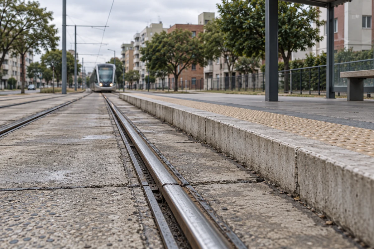 Trilhos junto a plataforma com piso tátil e VLT distante em contexto urbano, em ilustração.