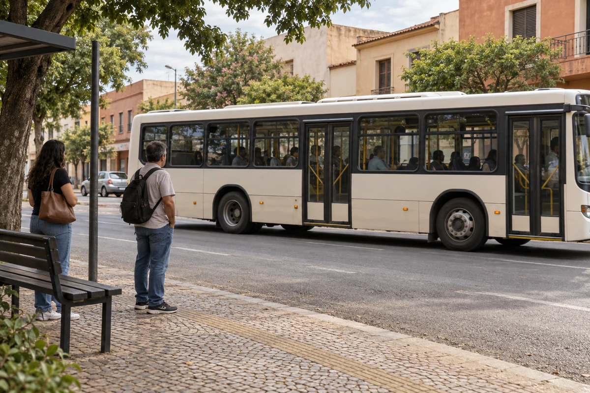 Pessoas aguardando no passeio e ônibus urbano sem identificação em vista lateral, em ilustração.