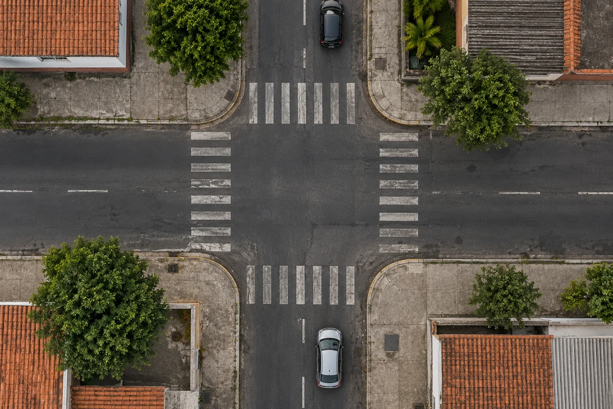 Vista vertical ilustrativa de um cruzamento urbano com quatro travessias, passeios e dois carros.