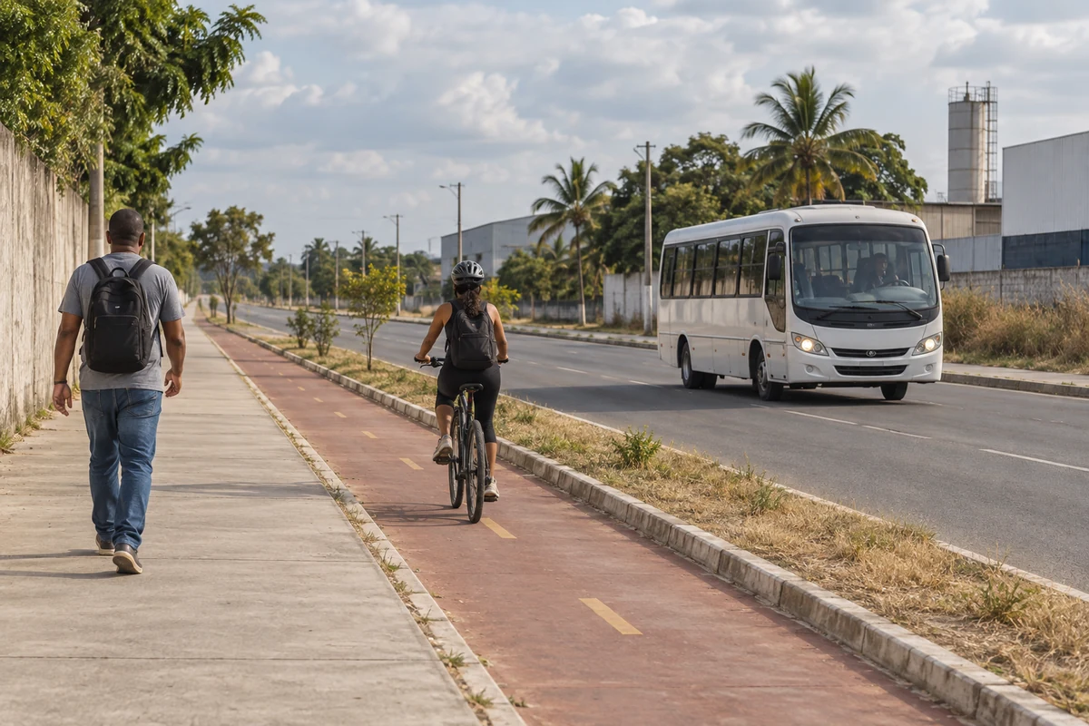 Pedestre no passeio, ciclista em ciclovia e micro-ônibus na pista em corredor urbano ilustrativo.