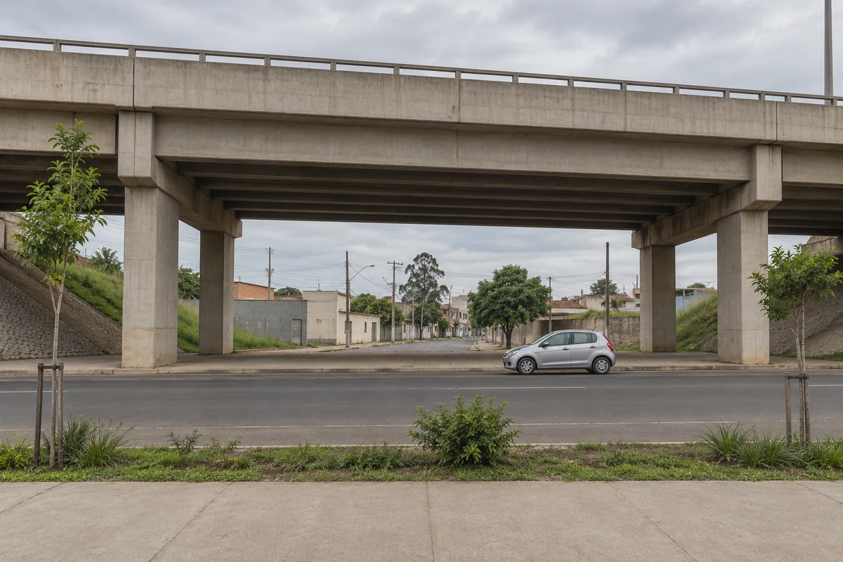 Viaduto de concreto sobre via local, com carro, passeio e edificações baixas ao fundo, em ilustração.