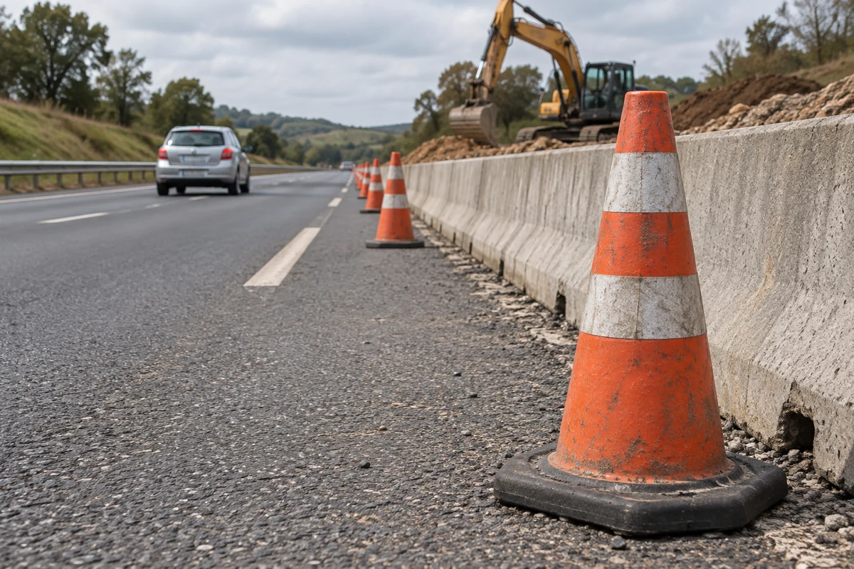 Cone de trânsito e barreira de concreto isolando obra rodoviária, com automóvel em faixa aberta, em ilustração.