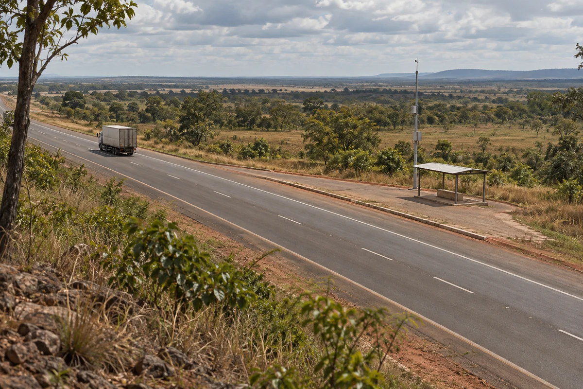 Rodovia em paisagem rural com abrigo de apoio e mastro de equipamento junto a acesso lateral, em ilustração.