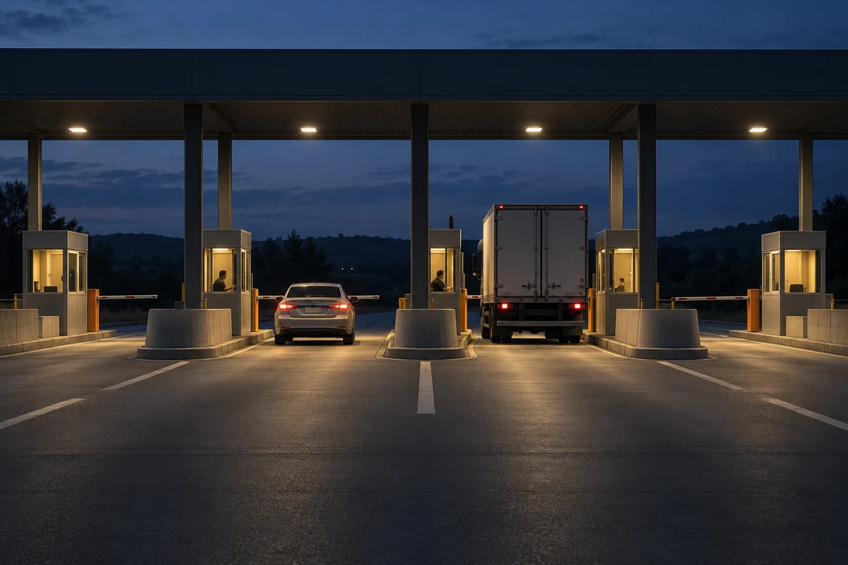 Carro e caminhão em cabines distintas de pedágio iluminadas ao anoitecer, em ilustração.