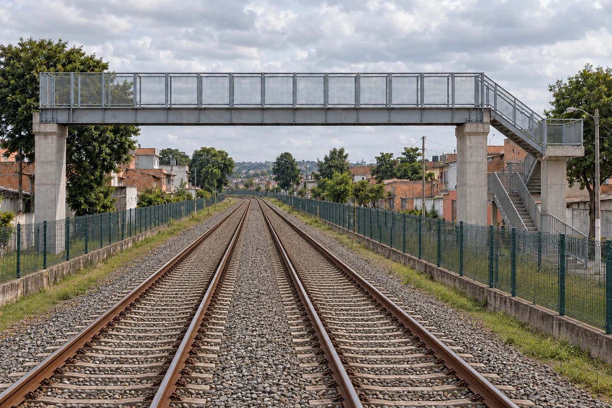 Passarela metálica com tela de proteção e escadas cruzando um corredor ferroviário urbano, em ilustração.