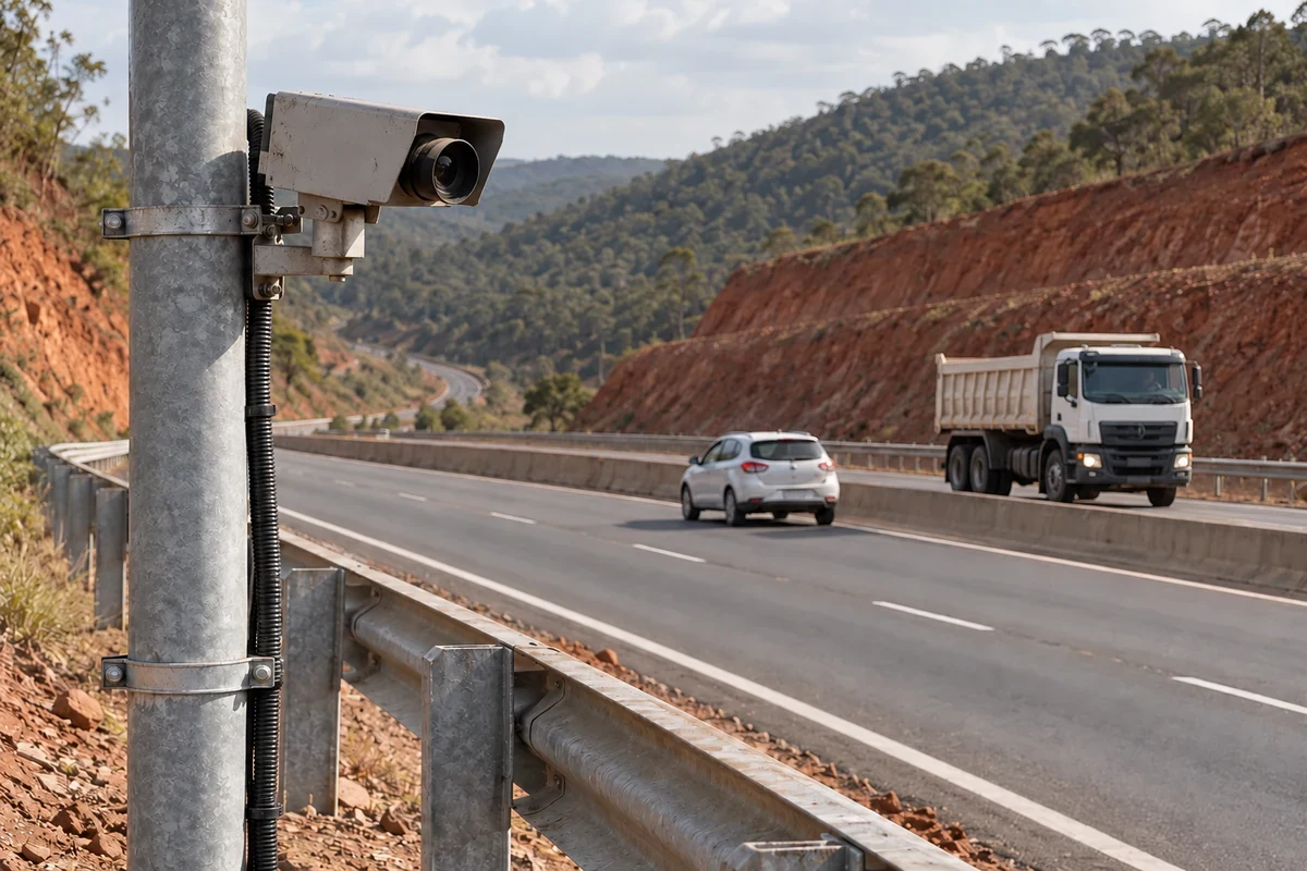 Câmera de monitoramento rodoviário presa a poste junto a defensas, com carro e caminhão em rodovia ao fundo, em ilustração.