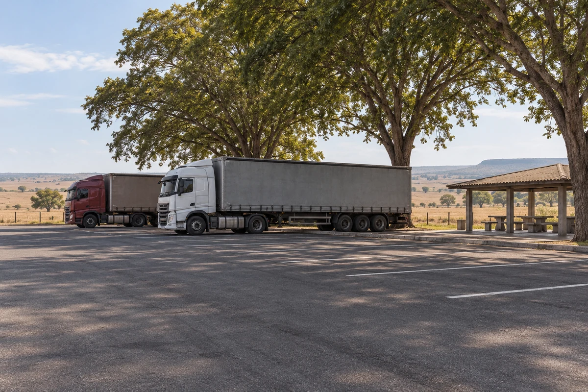 Caminhões estacionados sob árvores junto a um abrigo com bancos, em pátio rodoviário ilustrativo.