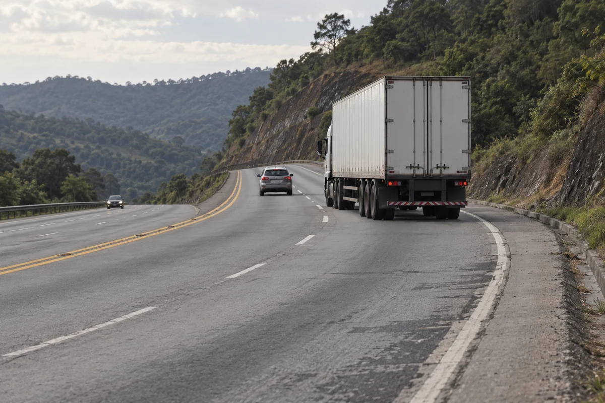 Caminhão em faixa da direita e automóvel na faixa adjacente em uma rodovia de relevo montanhoso, em ilustração.