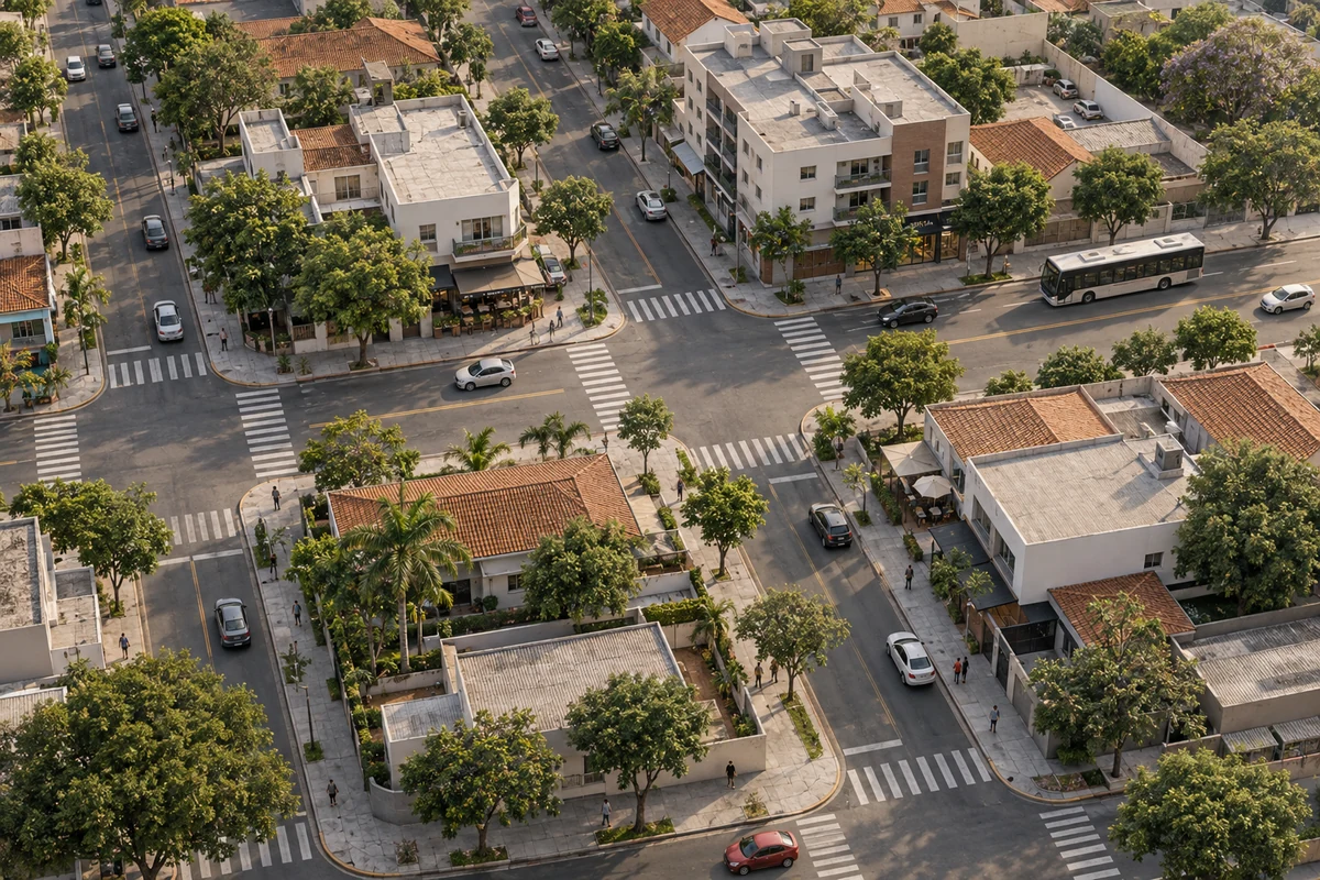 Ilustração aérea de um bairro com ruas conectadas, cruzamentos em nível, calçadas, travessias de pedestres, automóveis e ônibus