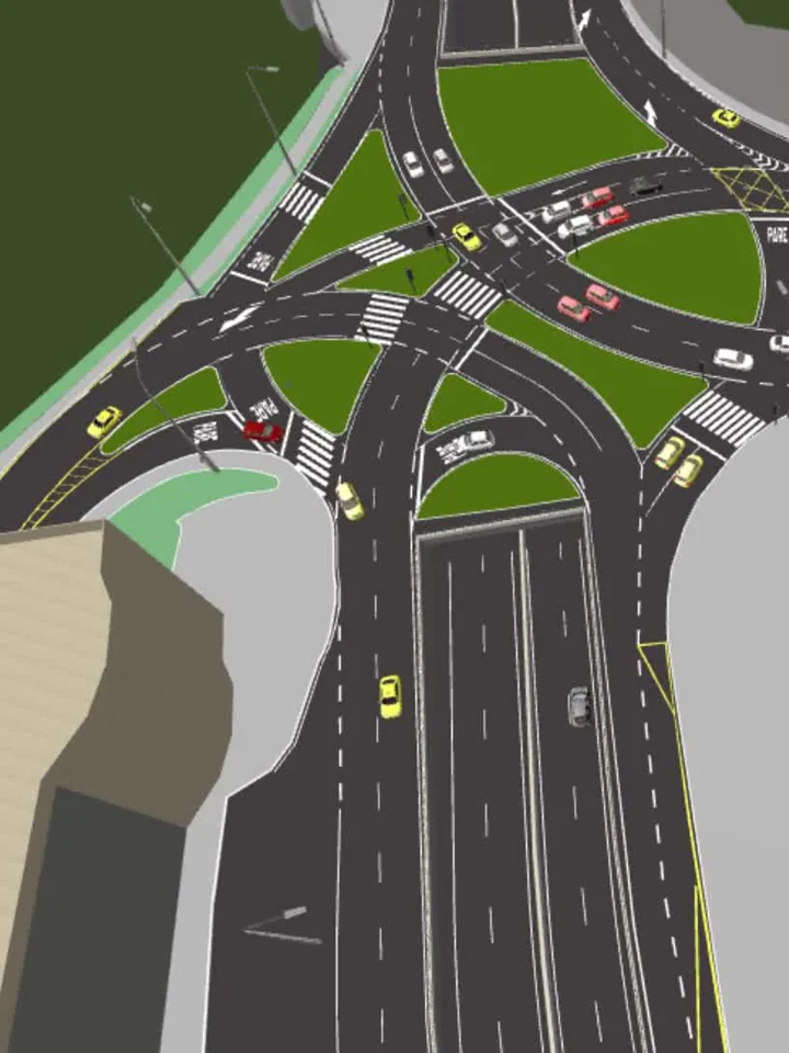 Modelo tridimensional de microssimulação com veículos, interseções e passagem em desnível